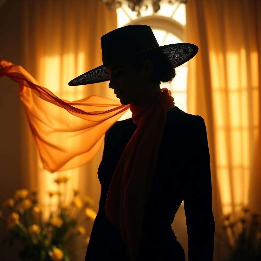 Elegant woman silhouette with flowing scarf